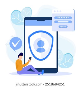 Flat vector illustration Simple scene with online registration. Create an account or log in to a specific site. Click the menu on the button banner to subscribe to marketing.