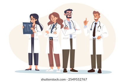 Ilustración vectorial plana en un estilo sencillo. Médicos amables de pie y sonriendo, un grupo de médicos