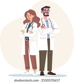 Ilustración vectorial plana en un estilo sencillo. Médicos amables de pie y sonrientes, hombre y mujer, un grupo de médicos