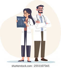 Ilustración vectorial plana en un estilo sencillo. Médicos amables de pie y sonrientes, hombre y mujer, un grupo de médicos