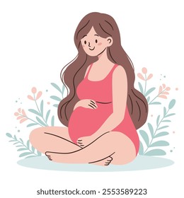 Flat vector illustration in a simple style. Cute pregnant woman sitting and hugging her belly
