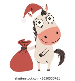 Flat vector illustration in simple vector style. Cute horse in santa claus hat holding a sack of presents. Symbol of 2026