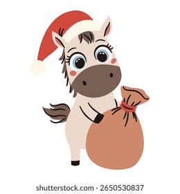 Flat vector illustration in simple vector style. Cute horse in santa claus hat holding a sack of presents. Symbol of 2026