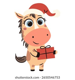Flat vector illustration in simple vector style. Cute horse in santa claus hat holding a gift box. Symbol of the year 2026