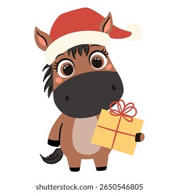 Flat vector illustration in simple vector style. Cute horse in santa claus hat holding a gift box. Symbol of the year 2026