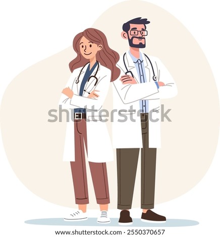 Flat vector illustration in a simple style. Kind doctors standing and smiling, man and woman, a group of medics