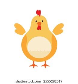 Flat vector illustration of a simple yellow chicken with red comb and orange beak, minimalistic design, modern style, plain white background