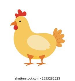 Flat vector illustration of a simple yellow chicken with red comb and orange beak, minimalistic design, modern style, plain white background