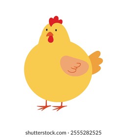 Flat vector illustration of a simple yellow chicken with red comb and orange beak, minimalistic design, modern style, plain white background