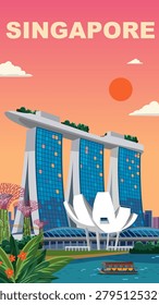 Flat vector illustration of Singapore skyline with Marina Bay Sands under a warm sunset