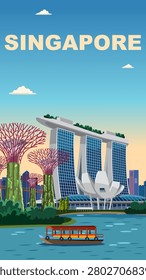 Flat vector illustration of Singapore skyline including supertrees and museum under a clear sky