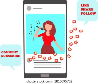 flat vector illustration of singer on social media, digital media influencer ,content creator