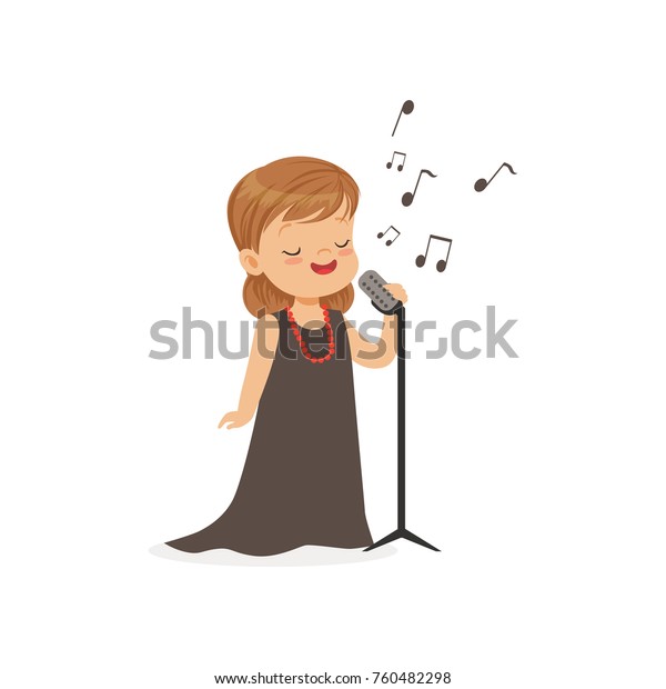 白い背景にレトロなマイクを持つ歌を歌う少女の平らなベクターイラスト 将来有名なオペラ歌手になりたいと願っている子ども のベクター画像素材 ロイヤリティフリー