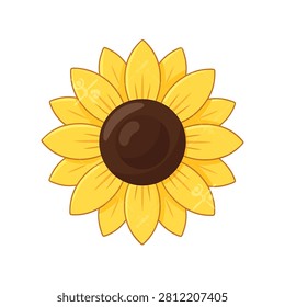 A flat vector illustration of a single bright yellow sunflower with a dark brown center isolated on a white background