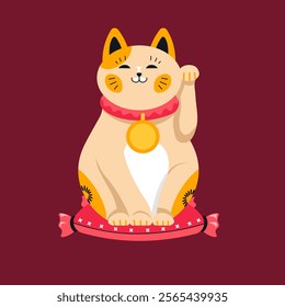 A flat vector illustration of a single lucky cat sitting on a red cushion, wearing a medallion. Designed with traditional and modern elements, perfect for festive projects.