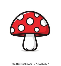 A flat vector illustration of a single red mushroom with white polka dots and a white stem, stylized as a simple cartoon icon.
