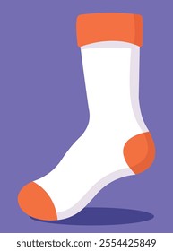 Flat vector illustration of a single white sock with orange accents. The sock features an orange cuff, heel, and toe, set against a solid purple background.