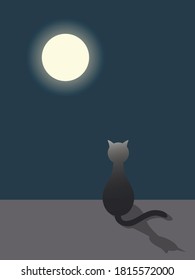 Flat vector illustration of a sitting cat that looks at the moon at night. It can be used as a background, postcard, poster, for accessories design or printing