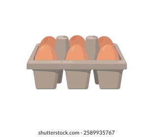 Flat vector illustration of six brown eggs inside a grey carton with individual compartments. stock illustration