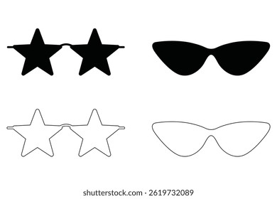 Flat Vector Illustration of Six Cartoon Glasses Black Silhouette and Outline on White Background