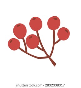 Flat vector illustration of six round red winter berries on a branched dark brown twig, minimalist clean style with small dark spots on each berry, isolated on white background for seasonal design.