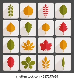 Flat vector illustration: sixteen light gray rounded corners stickers with different tree leaves with diagonal shadows isolated on dark gray background