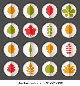 Flat vector illustration: sixteen white circle stickers in slot windows with bright different tree leaves silhouettes  with diagonal shadows and vertical fold isolated on dark gray background