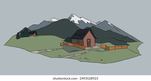 Esbozo de Ilustración vectorial plana de paisaje montañoso abstracto con acogedora cabaña de troncos en verdes colinas y cumbres nevadas. Concepto simple de diseño de logotipo gráfico de dibujos animados decorativos de la naturaleza.