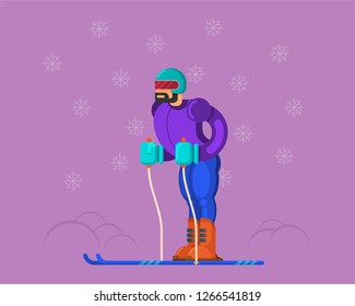 Flat vector illustration of skier. Winter sport and recreation