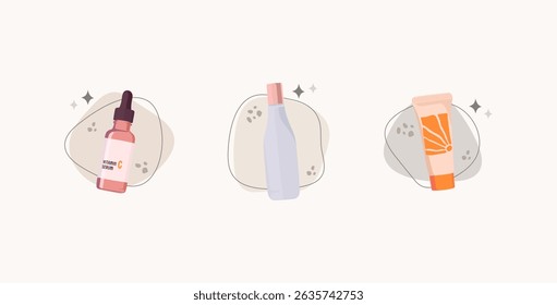 Flat vector illustration of skincare products including serum, toner, and cream in minimal and soft pastel style. Ideal for beauty, cosmetics, and personal care branding