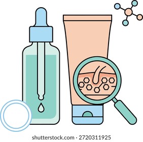 Ilustração de vetor plano de produtos de cuidados da pele, incluindo soro, creme e análise de células da pele ampliada, ideal para dermatologia, marca de beleza, marketing cosmético e design de bem-estar.
