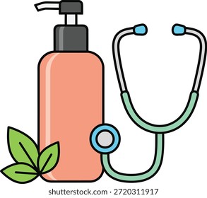 Ilustración vectorial plana de un frasco de bomba para el cuidado de la piel con estetoscopio y hojas verdes, ideal para dermatología, bienestar clínico, marca de spa y marketing cosmético natural.
