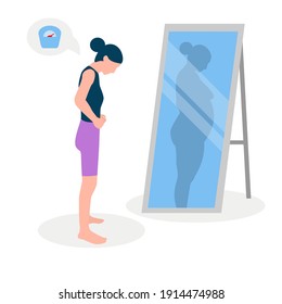 Flat vector illustration of a skinny girl with low self-esteem standing in front of a mirror. The girl looks into her distorted reflection.