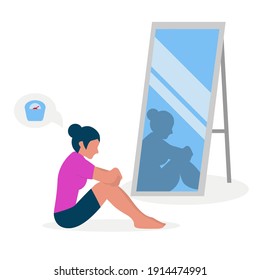 Flat vector illustration of a skinny girl with low self-esteem sitting in front of a mirror. The girl looks into her distorted reflection.