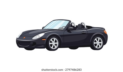 Flat vector illustration of a sleek dark grey convertible sports car roadster isolated on a white background, featuring open top design, two seats, silver rims, and modern aerodynamic body.