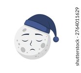 Flat vector illustration of a sleeping moon character wearing a nightcap on white background