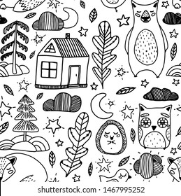 Flat vector illustration of a sleepy forest with an owl, a bear, a hedgehog, a fox, a moon, stars, trees and a house.  Ideal for print, kids wear and bedding.