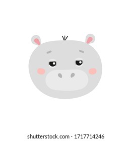 Flat Vector illustration of a sleepy funny hippo. Isolated on white background. Wild and safari cute animal. Face hippopotamus.