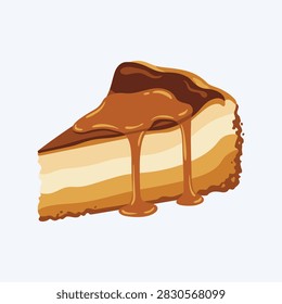 A flat vector illustration of a slice of basque burnt cheesecake dripping with caramel sauce isolated on white background.
