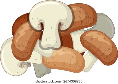 Vetor plano ilustração de botão fatiado e cogumelos cremini com sombras suaves no fundo neutro.