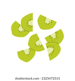 Flache Vektorgrafik eines geschnitten Kiwi. Geschlagene Scheiben chinesischer Stachelbeere. Ein köstlicher und gesunder Imbiss. Einzige Komposition auf weißem Hintergrund.