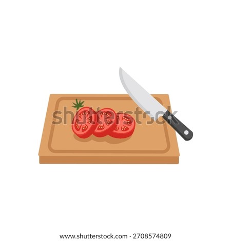 Flat vector illustration of sliced tomatoes on a wooden board with a knife.