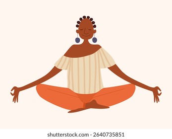 Ilustração vetorial plana de uma mulher negra magra meditando em pose de lótus. Atenção plena, paz interior, autocuidado, bem-estar emocional, estilo de vida calmo. Estilo mínimo de desenho animado. Humor saudável e sereno.