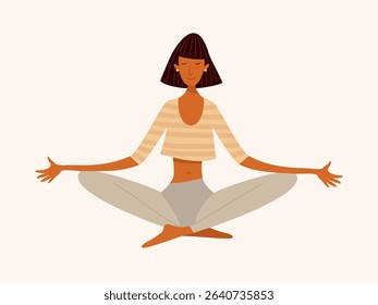 Flat vector illustration of a slim Black woman meditating in lotus pose. Mindfulness, inner peace, self care, emotional wellbeing, calm lifestyle. Cartoon minimal style. Healthy and serene mood.