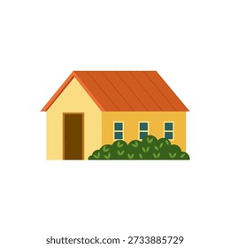 Ilustración vectorial plana de una Pequeña casa de campo aislada sobre fondo blanco. Elemento exterior simple para el hogar adecuado para escenas de jardín, exteriores y estilo de vida.
