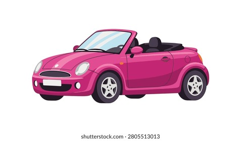 Flat vector illustration of a small pink convertible car isolated on a white background. The mini-style vehicle features an open top, black interior, round headlights, and silver wheels.