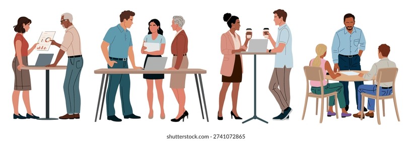 Flat vector illustration of small professional groups collaborating around tables and laptops, depicting meetings, presentations, and workplace discussions in a clean, modern style.