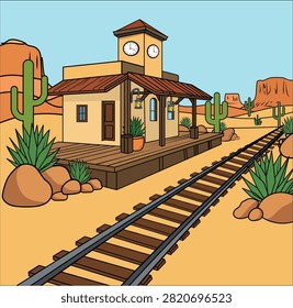 Flat vector illustration of a small railway station in a desert landscape featuring railroad tracks, cacti, mountains, and clear blue sky. Clean geometric design with solid colors, ideal for travel, transportation, tourism, maps, educational materials, websites, and print projects.