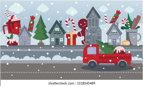 Flat vector illustration of a small town with sweets. On the street are sweets, muffins, lollipops. Christmas city in the snow. On the road goes a red tractor with a Christmas tree and gifts.