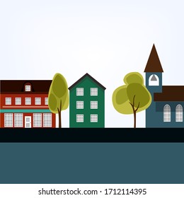 Flat vector illustration of a small town on the background of the bright sun. Light from heaven erupts through homes. Character of a city day. Old city with classic houses and a church.
